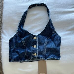 Meshki Denim Button-Up Crop Top - Dark Blue